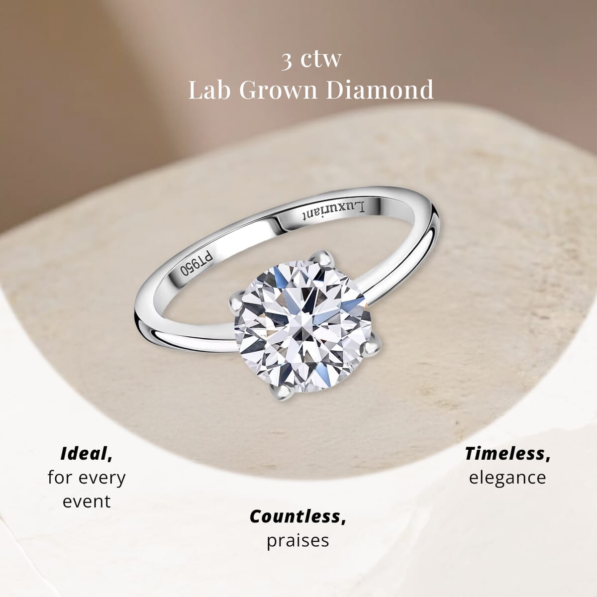 950 Platinum Luxuriant Lab Grown Diamond G VS2 3.00 ctw Solitaire Ring (Size 6.5) 4.75 Grams image number 4