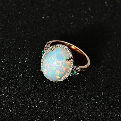 Luxoro 14K Yellow Gold AAA Ethiopian Welo Opal, AAAA Boyaca Colombian Emerald and G-H I2 Diamond Halo Ring (Size 12.0) 5.65 Grams 5.85 ctw