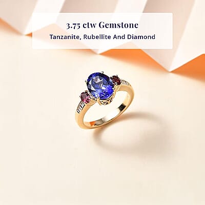 Luxoro 14K Yellow Gold AAA Tanzanite and Ouro Fino Rubellite, G-H I2 Diamond Ring (Size 11.0) 3.75 ctw