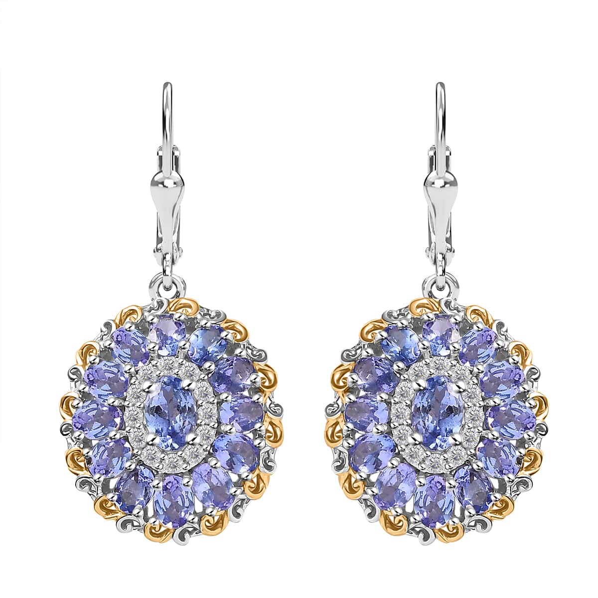 Tanzanite and White Zircon Floral Earrings in 18K Vermeil YG and Rhodium Over Sterling Silver 6.10 ctw image number 0