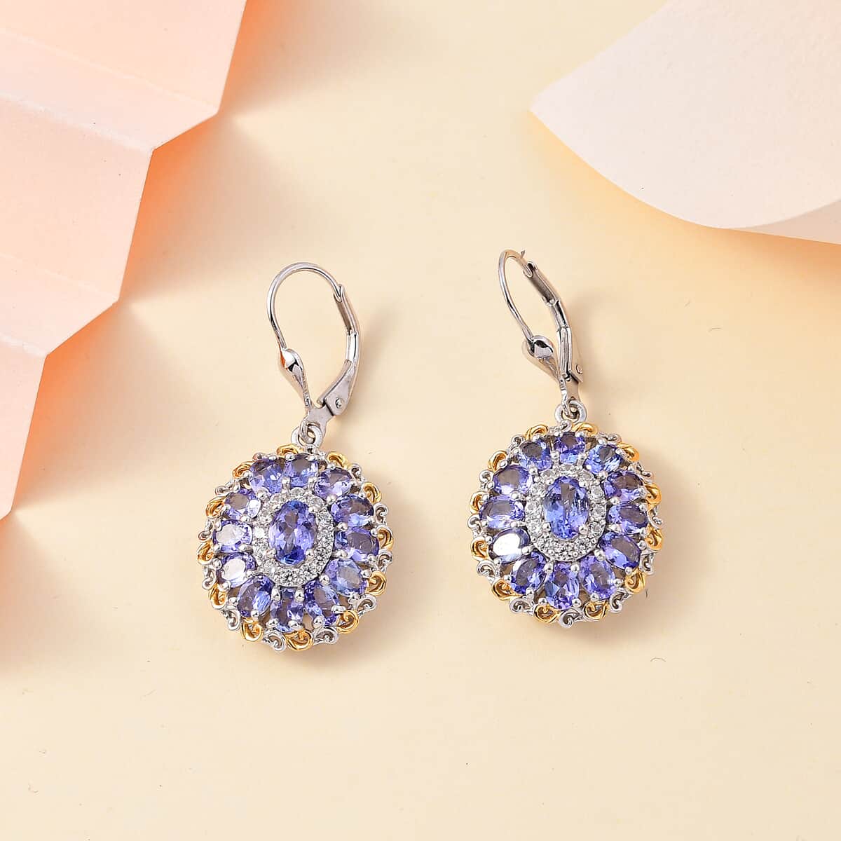 Tanzanite and White Zircon Floral Earrings in 18K Vermeil YG and Rhodium Over Sterling Silver 6.10 ctw image number 1