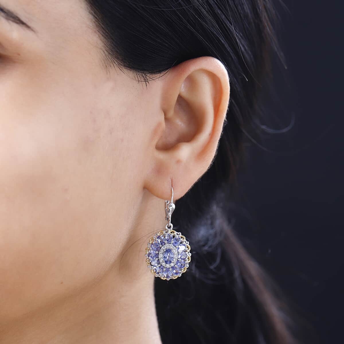 Tanzanite and White Zircon Floral Earrings in 18K Vermeil YG and Rhodium Over Sterling Silver 6.10 ctw image number 2