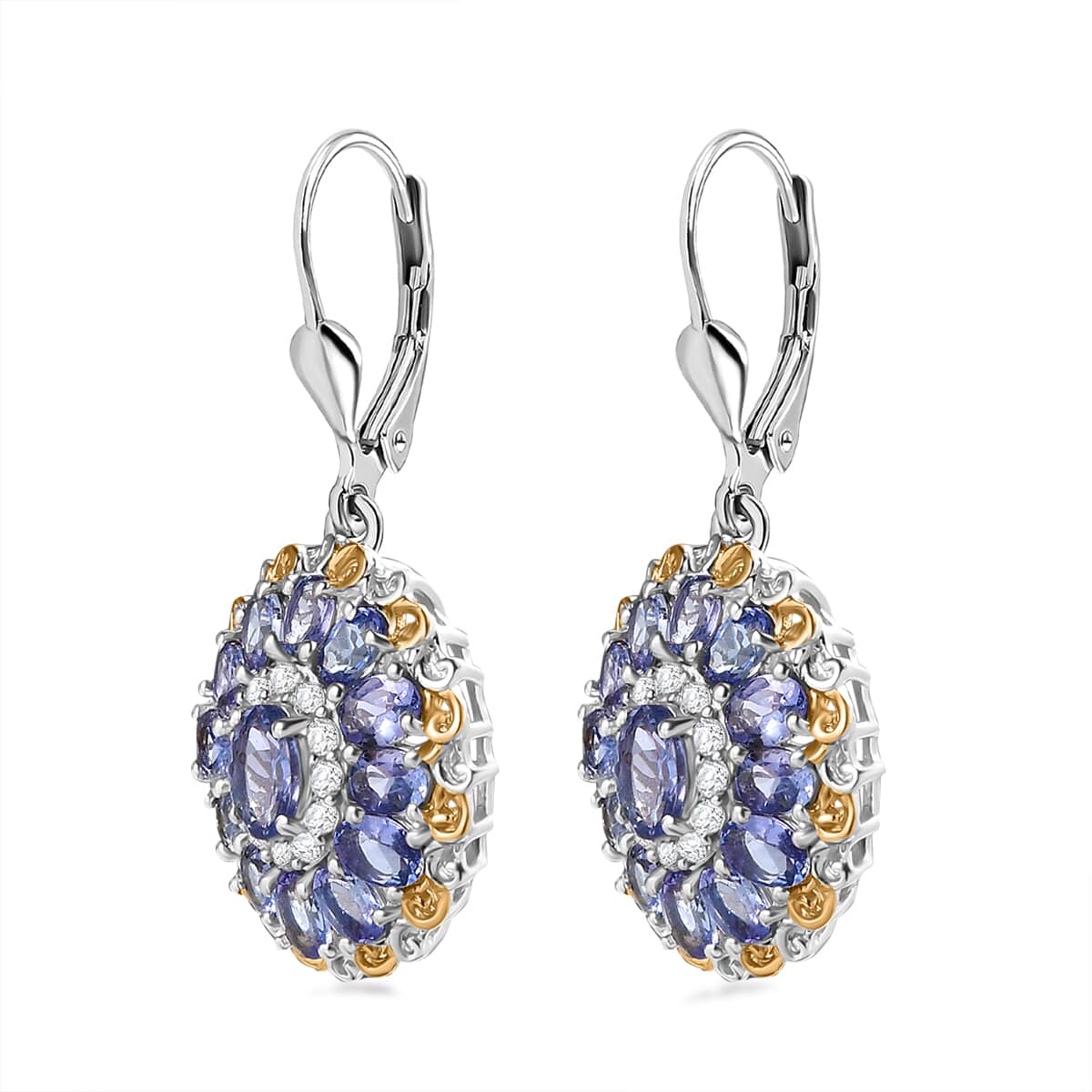 Tanzanite and White Zircon Floral Earrings in 18K Vermeil YG and Rhodium Over Sterling Silver 6.10 ctw image number 3