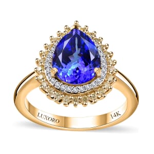 Luxoro 14K Yellow Gold AAA Tanzanite, Natural Yellow and White Diamond I2 Double Halo Ring (Size 8.5) 4 Grams 3.30 ctw