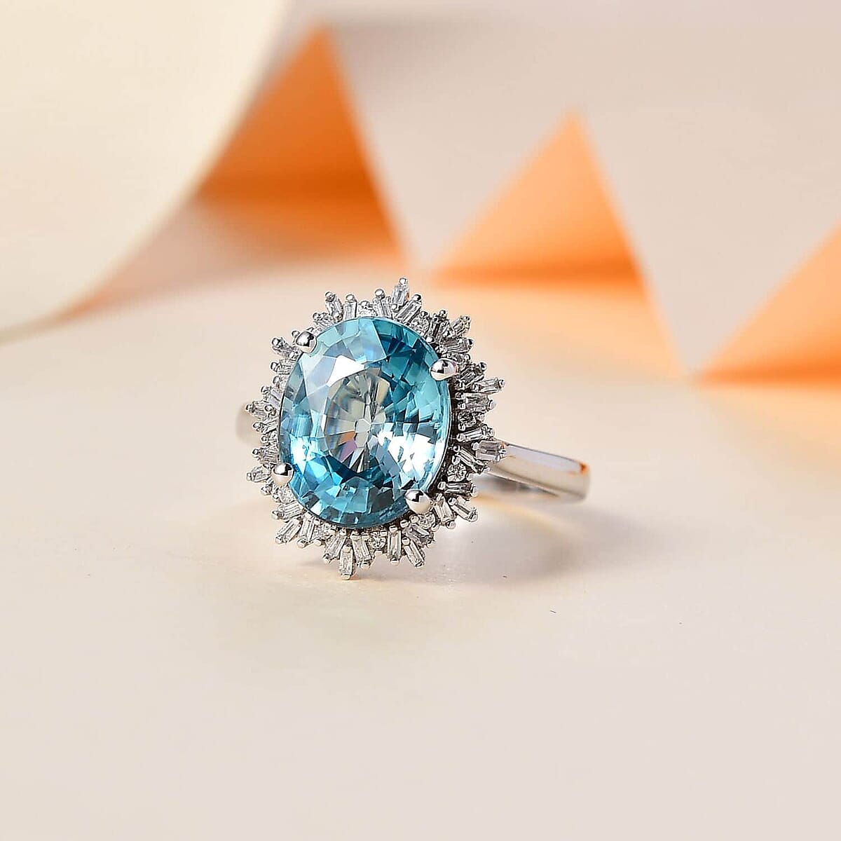 Luxoro 14K White Gold AAA Cambodian Blue Zircon and G-H I2 Diamond Sunburst Ring (Size 8.5) 4.15 Grams 5.90 ctw image number 1