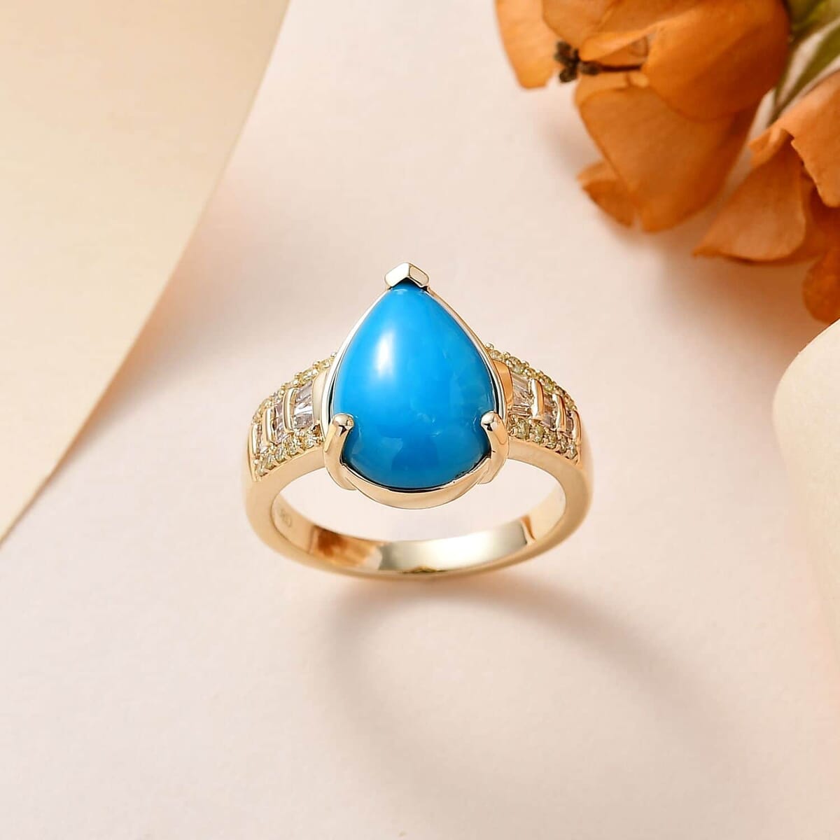 Luxoro 10K Yellow Gold Premium Sleeping Beauty Turquoise, I2 Natural Yellow and White Diamond Ring (Size 7.5) 5.25 Grams 4.75 ctw image number 1