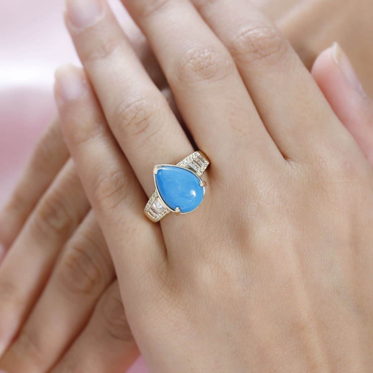 Luxoro 10K Yellow Gold Premium Sleeping Beauty Turquoise, I2 Natural Yellow and White Diamond Ring (Size 7.5) 5.25 Grams 4.75 ctw image number 2
