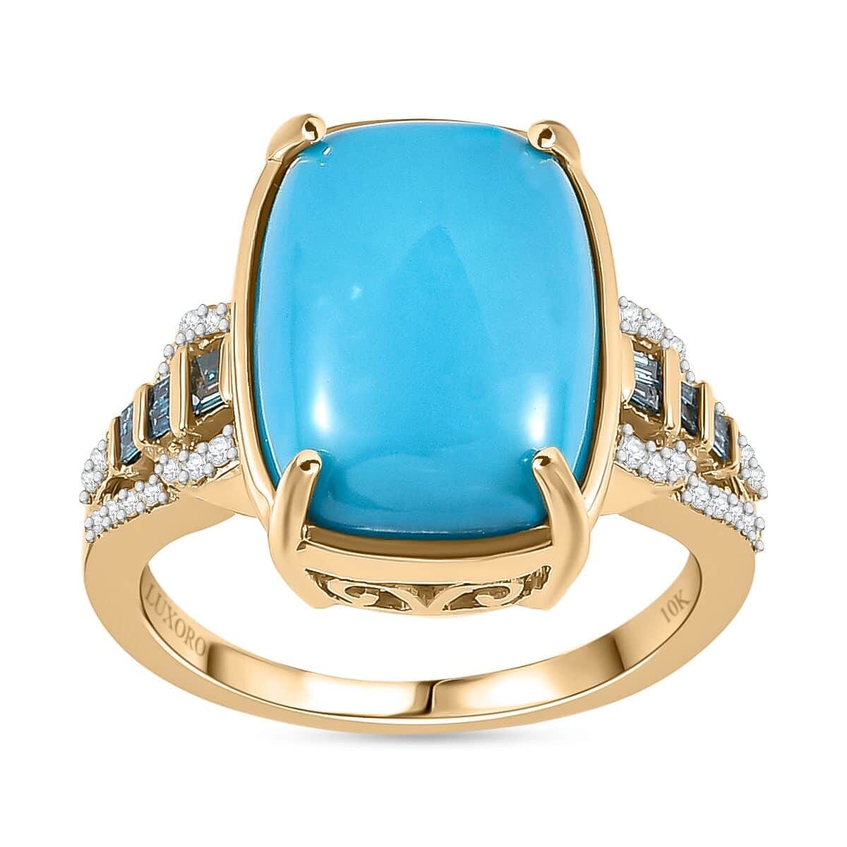 Luxoro 10K Yellow Gold Premium Sleeping Beauty Turquoise, G-H I2 Blue and White Diamond Ring (Size 7.5) 4.25 Grams 5.50 ctw image number 0