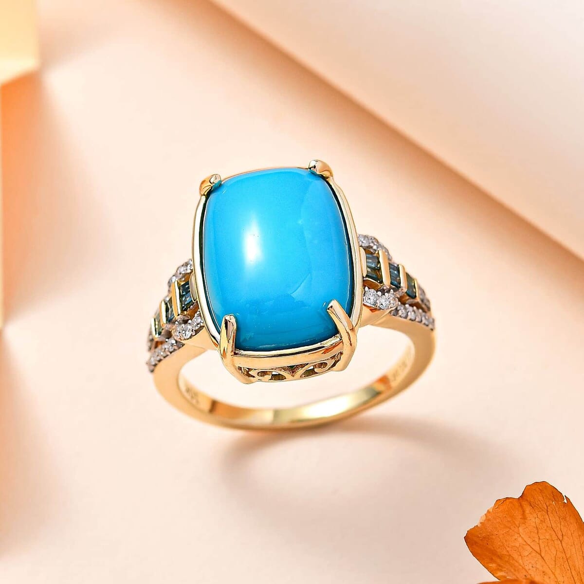 Luxoro 10K Yellow Gold Premium Sleeping Beauty Turquoise, G-H I2 Blue and White Diamond Ring (Size 7.5) 4.25 Grams 5.50 ctw image number 1