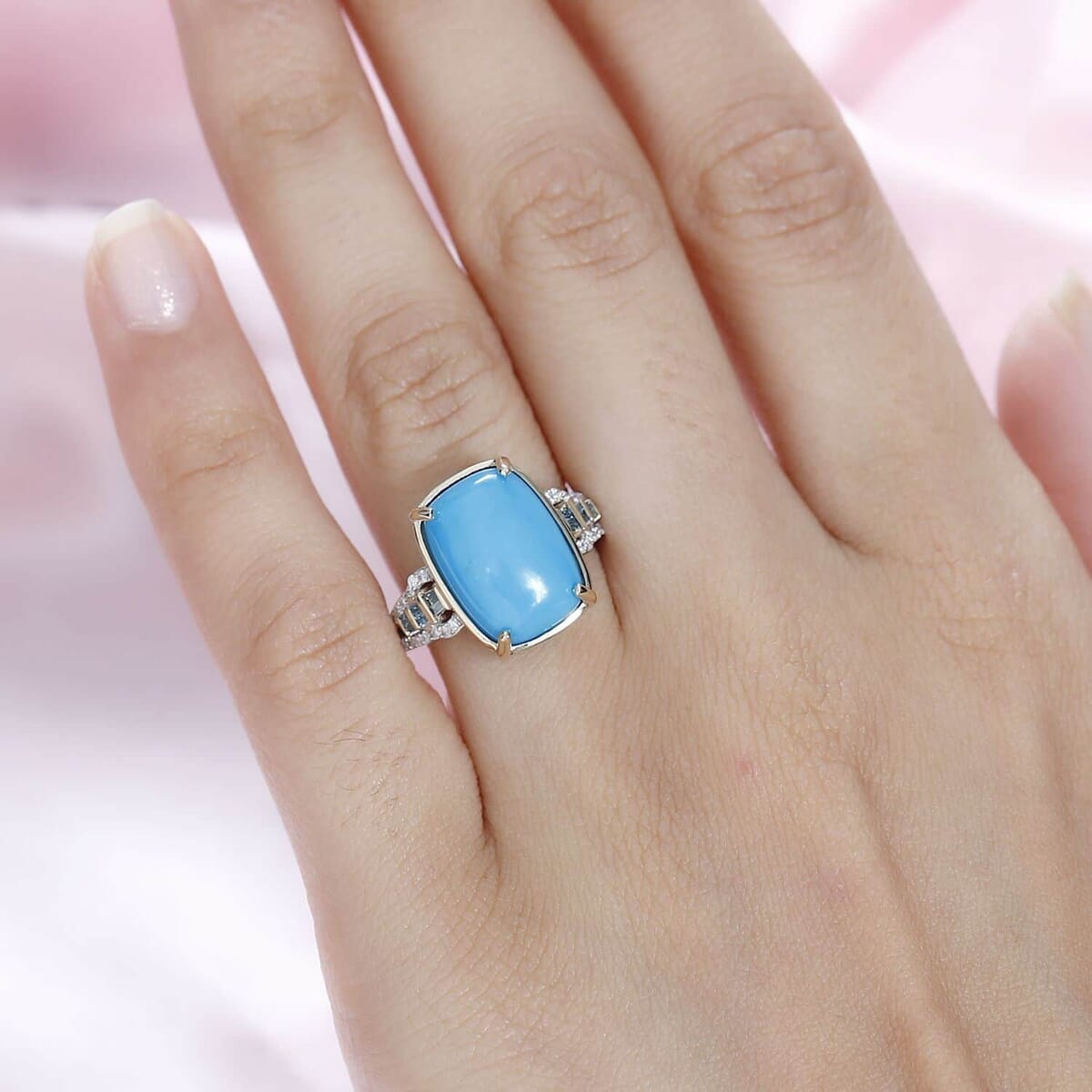 Luxoro 10K Yellow Gold Premium Sleeping Beauty Turquoise, G-H I2 Blue and White Diamond Ring (Size 7.5) 4.25 Grams 5.50 ctw image number 2