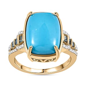 Luxoro 10K Yellow Gold Premium Sleeping Beauty Turquoise, G-H I2 Blue and White Diamond Ring (Size 9.5) 4.25 Grams 5.50 ctw