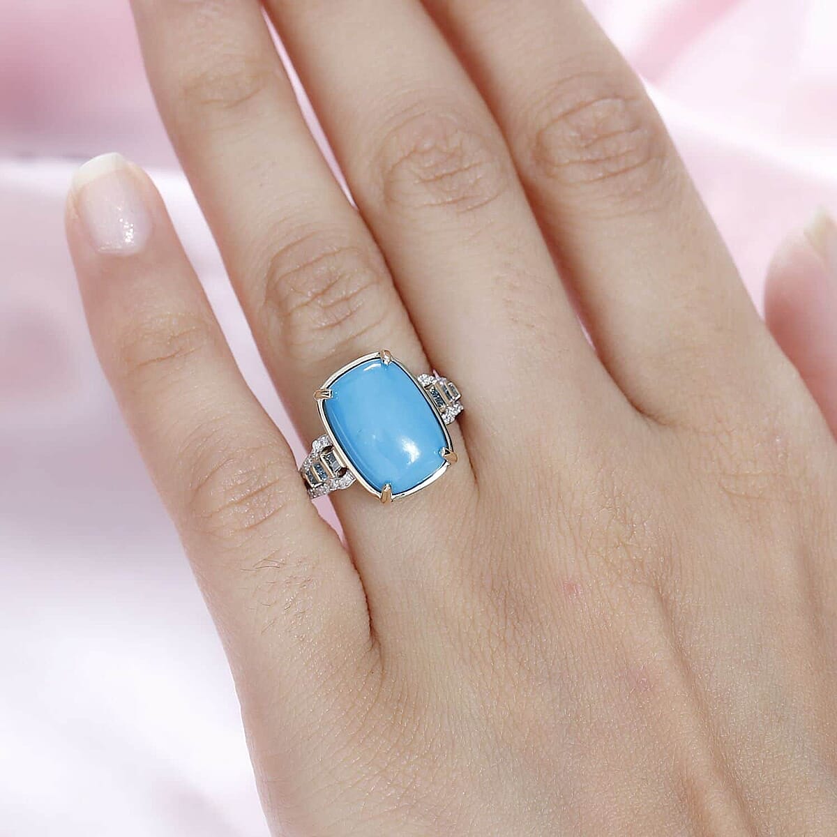 Luxoro 10K Yellow Gold Premium Sleeping Beauty Turquoise, G-H I2 Blue and White Diamond Ring (Size 11.0) 4.25 Grams 5.50 ctw image number 2