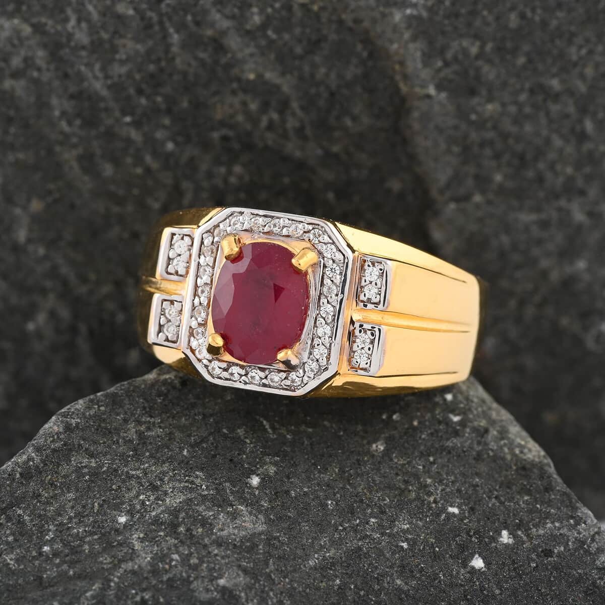 Benati Ruby and White Zircon Men's Ring in Vermeil Yellow Gold Over Sterling Silver (Size 10.0) 3.10 ctw image number 1