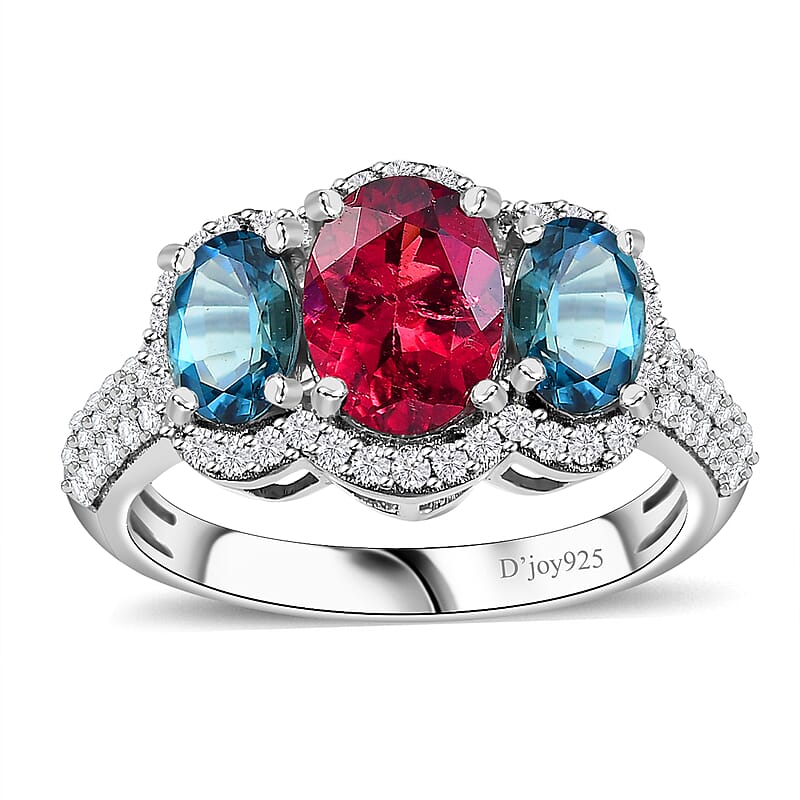 Premium Ouro Fino Rubellite and Multi Gemstone 2.90 ctw Trilogy Ring in Rhodium Over Sterling Silver (Size 6.0)