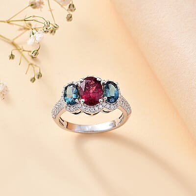 Premium Ouro Fino Rubellite and Multi Gemstone 2.90 ctw Trilogy Ring in Rhodium Over Sterling Silver (Size 6.0)