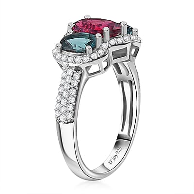 Premium Ouro Fino Rubellite and Multi Gemstone 2.90 ctw Trilogy Ring in Rhodium Over Sterling Silver (Size 6.0)