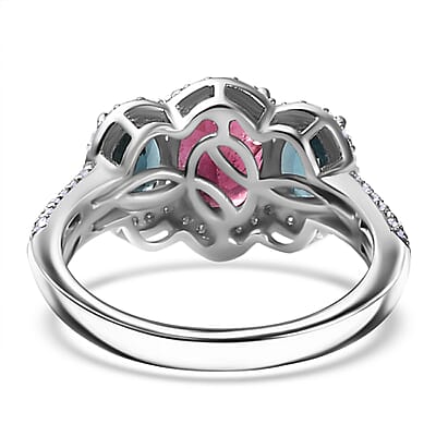 Premium Ouro Fino Rubellite and Multi Gemstone 2.90 ctw Trilogy Ring in Rhodium Over Sterling Silver (Size 6.0)
