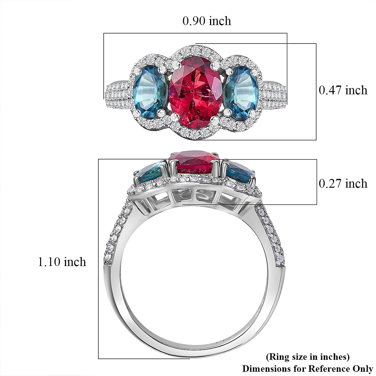 Premium Ouro Fino Rubellite and Multi Gemstone 2.90 ctw Trilogy Ring in Rhodium Over Sterling Silver (Size 6.0)