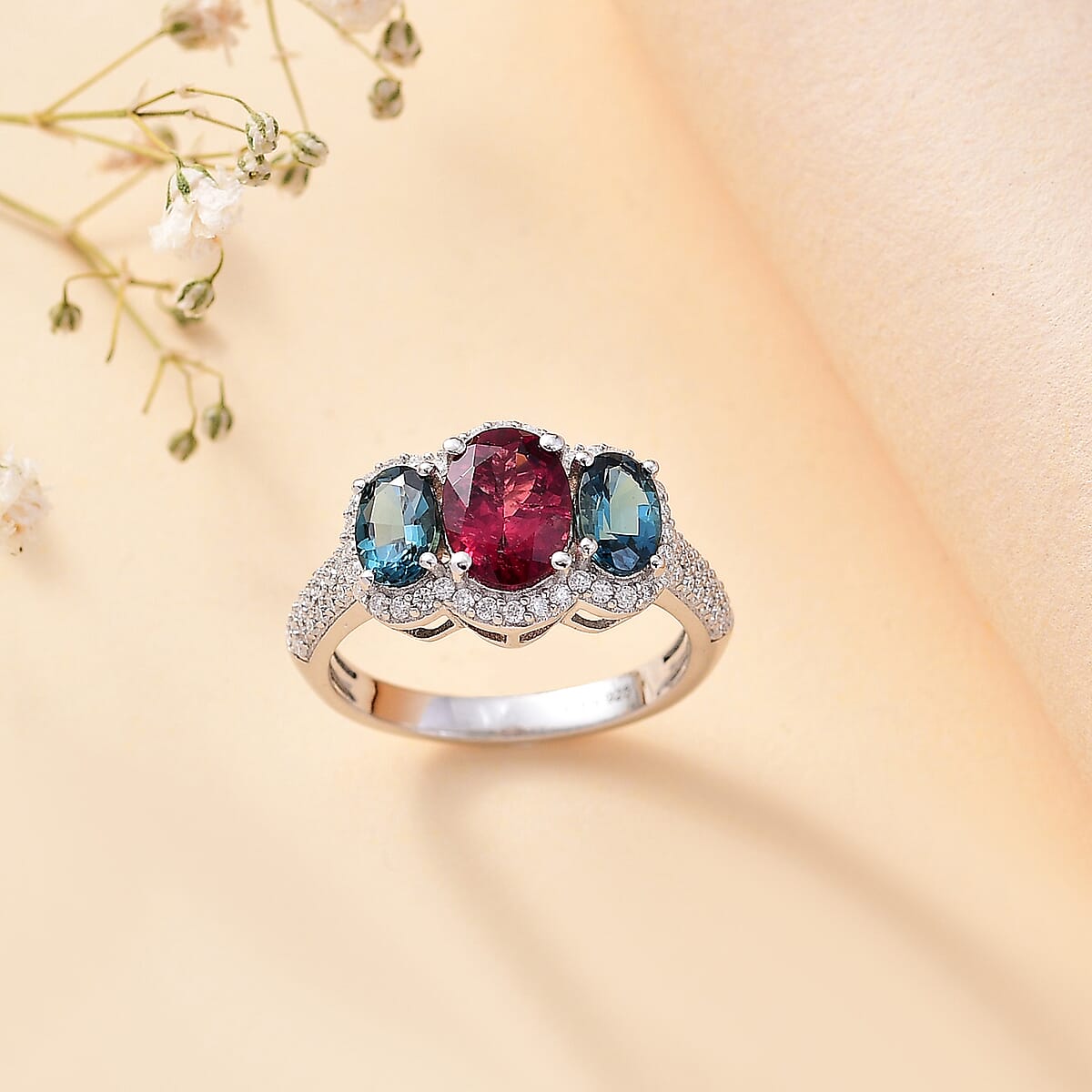 Premium Ouro Fino Rubellite and Multi Gemstone 2.90 ctw Trilogy Ring in Rhodium Over Sterling Silver (Size 7.0) image number 1