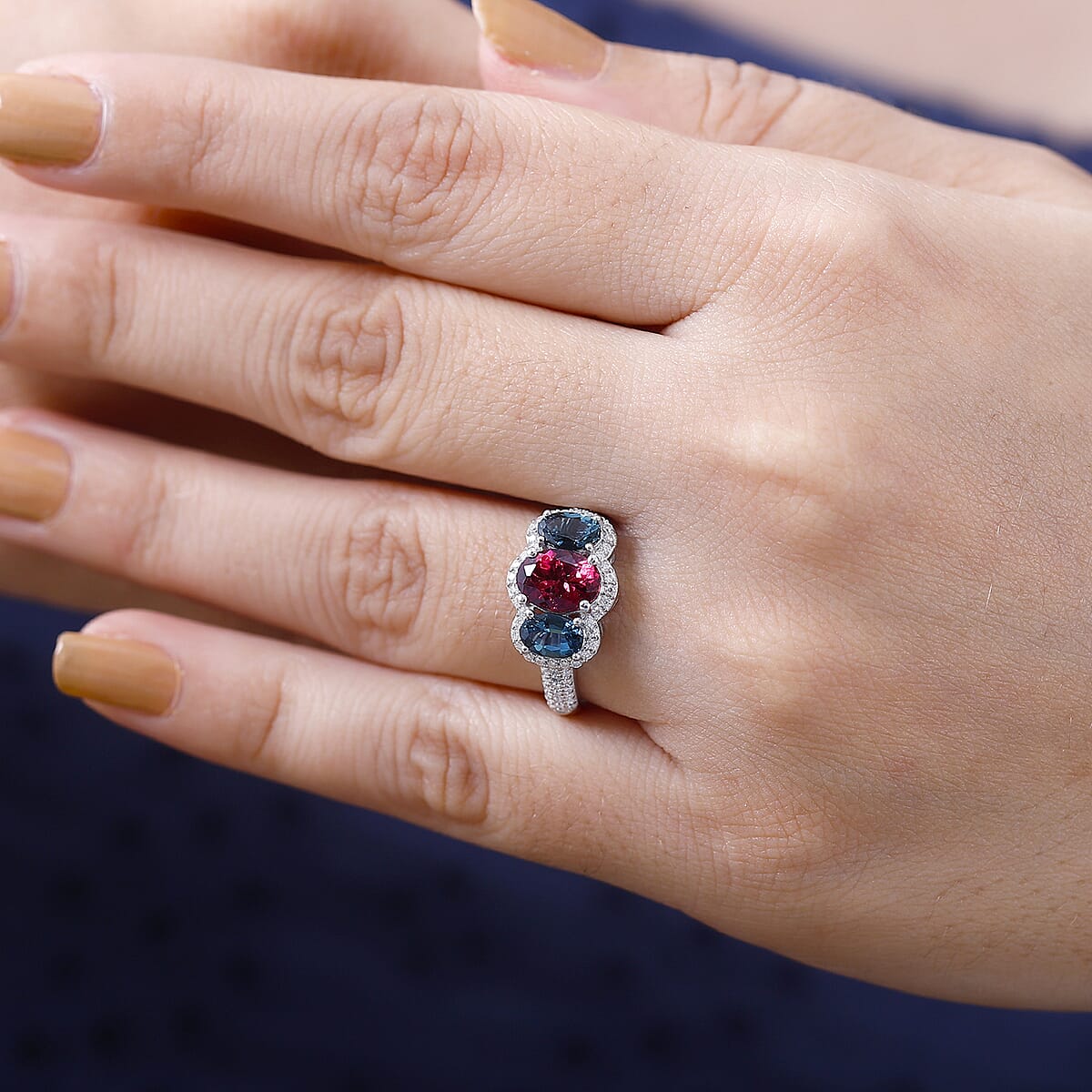 Premium Ouro Fino Rubellite and Multi Gemstone 2.90 ctw Trilogy Ring in Rhodium Over Sterling Silver (Size 7.0) image number 2
