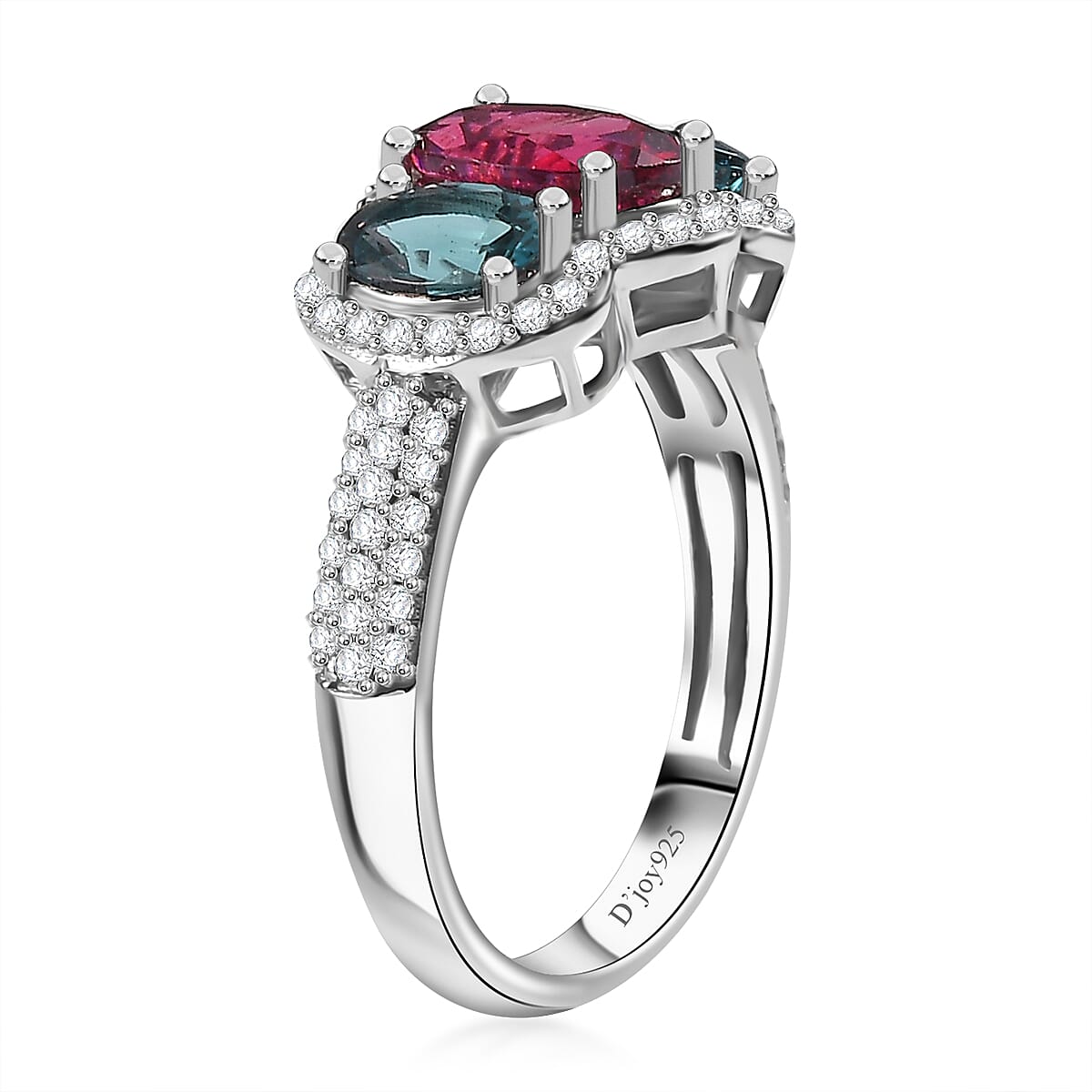 Premium Ouro Fino Rubellite and Multi Gemstone 2.90 ctw Trilogy Ring in Rhodium Over Sterling Silver (Size 7.0) image number 3