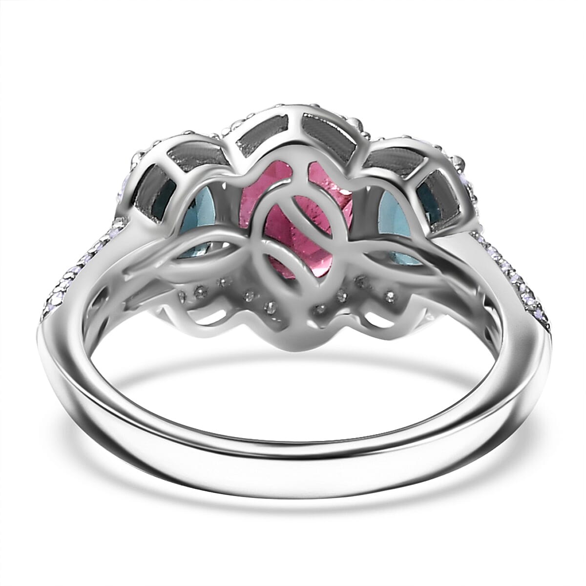 Premium Ouro Fino Rubellite and Multi Gemstone 2.90 ctw Trilogy Ring in Rhodium Over Sterling Silver (Size 7.0) image number 4
