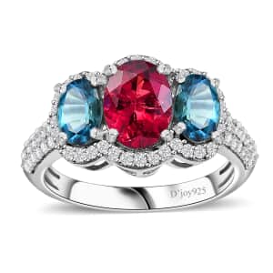 Premium Ouro Fino Rubellite and Multi Gemstone 2.90 ctw Trilogy Ring in Rhodium Over Sterling Silver (Size 8.0)