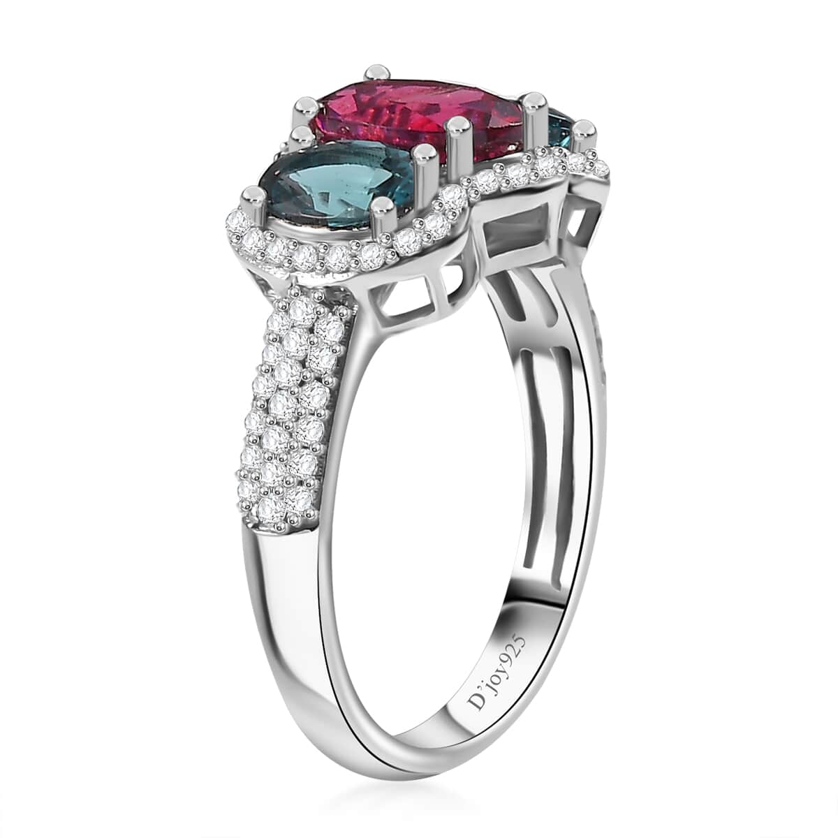 Premium Ouro Fino Rubellite and Multi Gemstone 2.90 ctw Trilogy Ring in Rhodium Over Sterling Silver (Size 9.0) image number 3