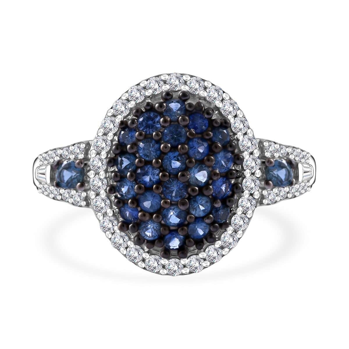 Ceylon Blue Sapphire and Moissanite Cluster Ring in Rhodium Over Sterling Silver (Size 10.0) 1.40 ctw image number 0