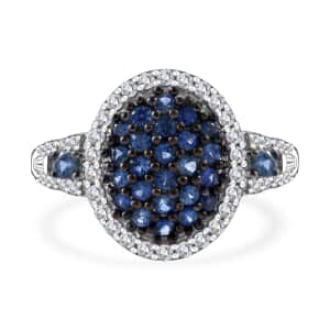 Ceylon Blue Sapphire and Moissanite Cluster Ring in Rhodium Over Sterling Silver (Size 10.0) 1.40 ctw
