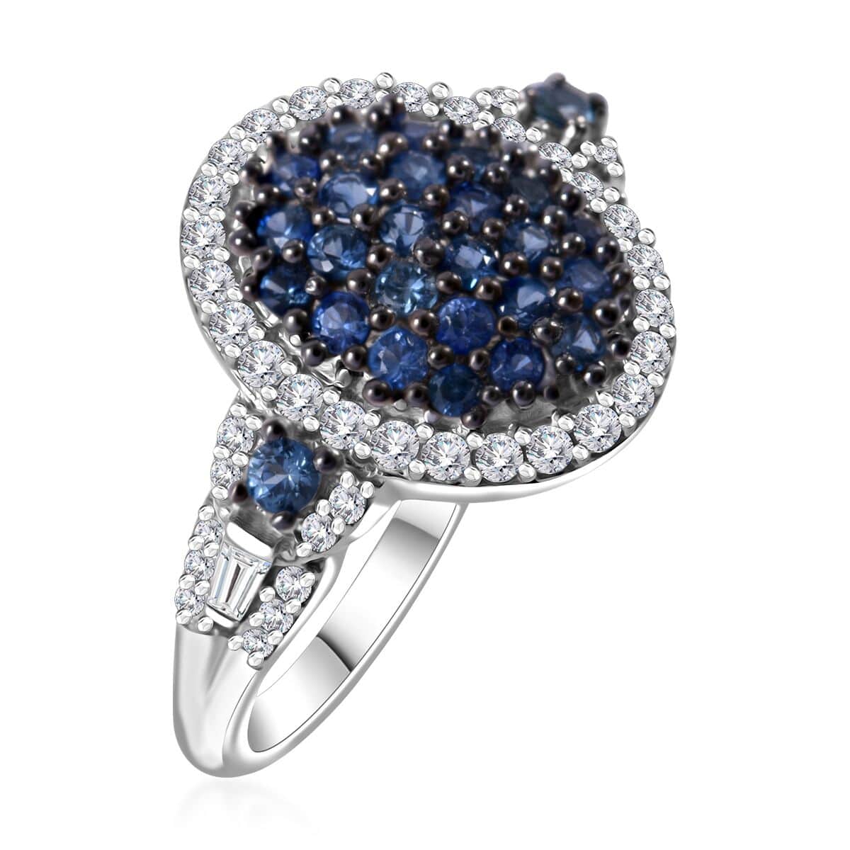 Ceylon Blue Sapphire, Moissanite Cluster Ring in Rhodium Over Sterling Silver (Size 7.0) 1.40 ctw image number 2