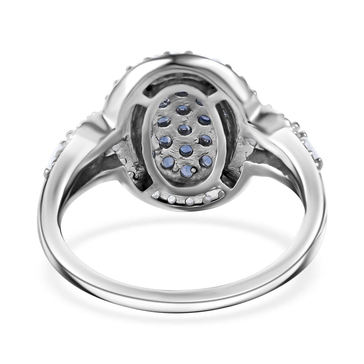 Ceylon Blue Sapphire, Moissanite Cluster Ring in Rhodium Over Sterling Silver (Size 7.0) 1.40 ctw image number 3