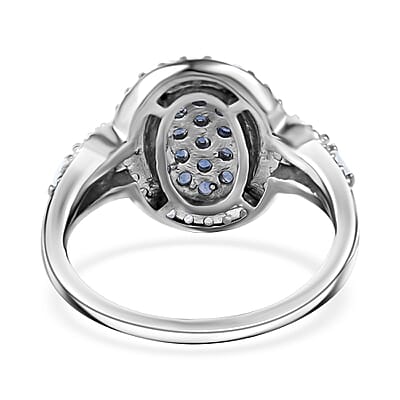 Ceylon Blue Sapphire and Moissanite Cluster Ring in Rhodium Over Sterling Silver (Size 10.0) 1.40 ctw