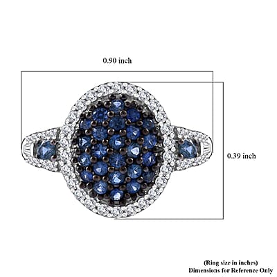 Ceylon Blue Sapphire and Moissanite Cluster Ring in Rhodium Over Sterling Silver (Size 10.0) 1.40 ctw