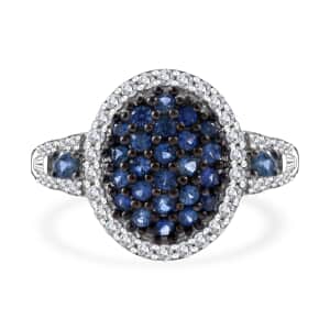 Ceylon Blue Sapphire and Moissanite Cluster Ring in Rhodium Over Sterling Silver (Size 8.0) 1.40 ctw