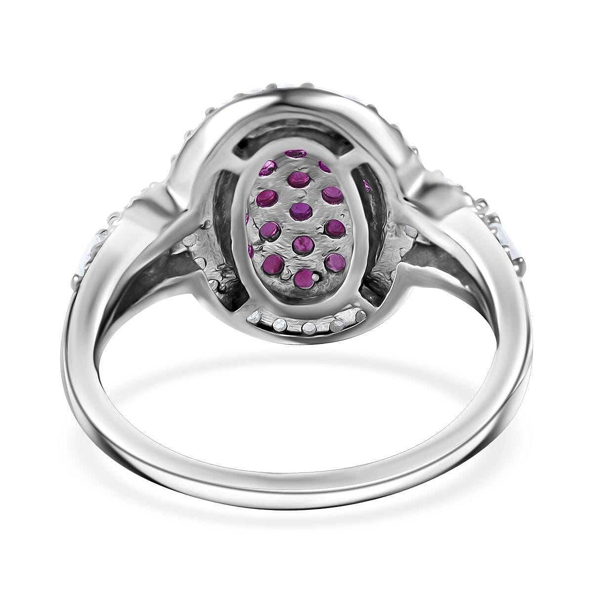 Mozambique Ruby and Moissanite Cluster Ring in Rhodium Over Sterling Silver (Size 6.0) 1.20 ctw image number 3