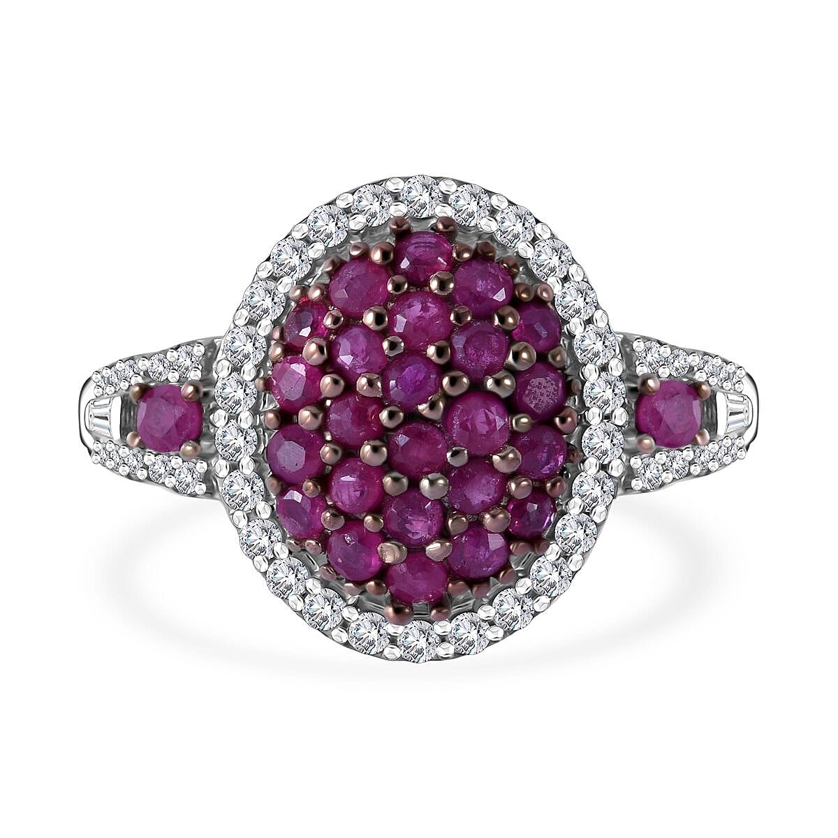 Mozambique Ruby and Moissanite Cluster Ring in Rhodium Over Sterling Silver (Size 7.0) 1.20 ctw image number 0