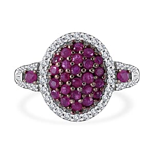 Mozambique Ruby and Moissanite Cluster Ring in Rhodium Over Sterling Silver (Size 7.0) 1.20 ctw