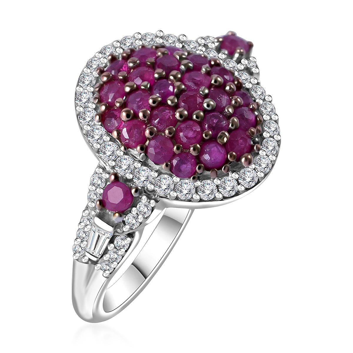 Mozambique Ruby and Moissanite Cluster Ring in Rhodium Over Sterling Silver (Size 7.0) 1.20 ctw image number 2