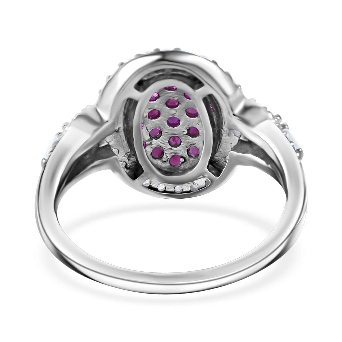 Mozambique Ruby and Moissanite Cluster Ring in Rhodium Over Sterling Silver (Size 8.0) 1.20 ctw image number 3