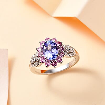 Tanzanite and Multi Gemstone 2.25 ctw Chandelier Tree Ring in Rhodium Over Sterling Silver (Size 10.0)