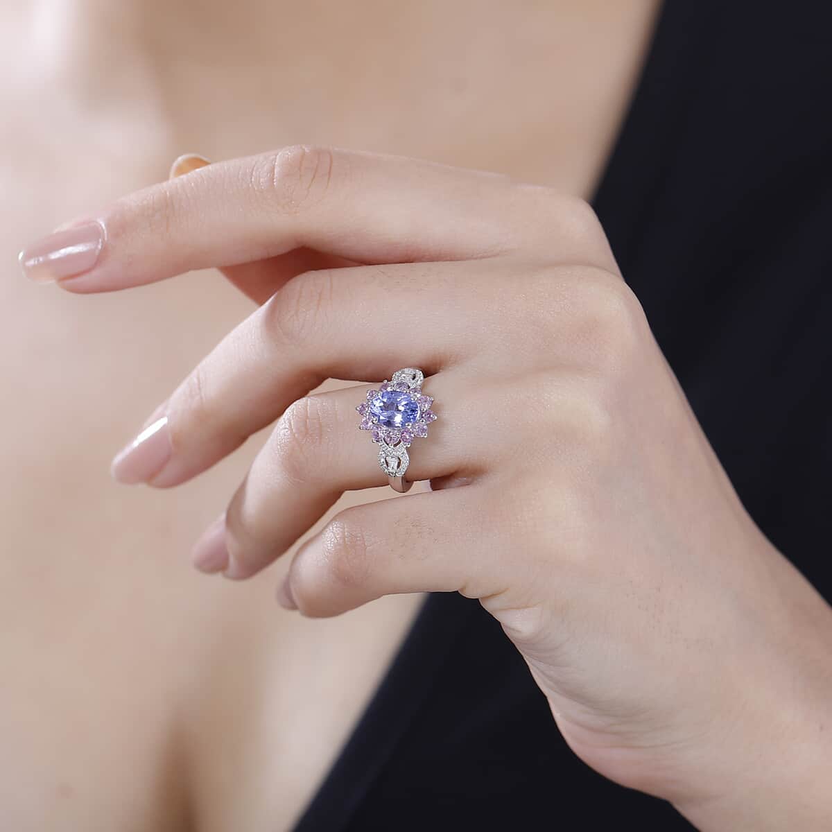 Tanzanite and Multi Gemstone 2.25 ctw Chandelier Tree Ring in Rhodium Over Sterling Silver (Size 10.0) image number 2