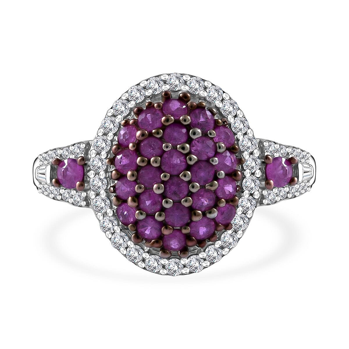 Madagascar Pink Sapphire and Moissanite Cluster Ring in Rhodium Over Sterling Silver (Size 5.0) 1.10 ctw image number 0