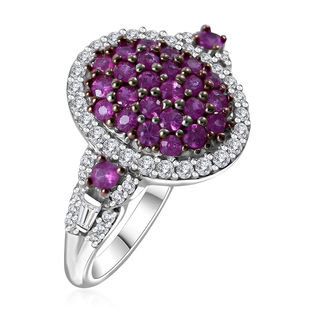 Madagascar Pink Sapphire and Moissanite Cluster Ring in Rhodium Over Sterling Silver (Size 6.0) 1.10 ctw image number 2