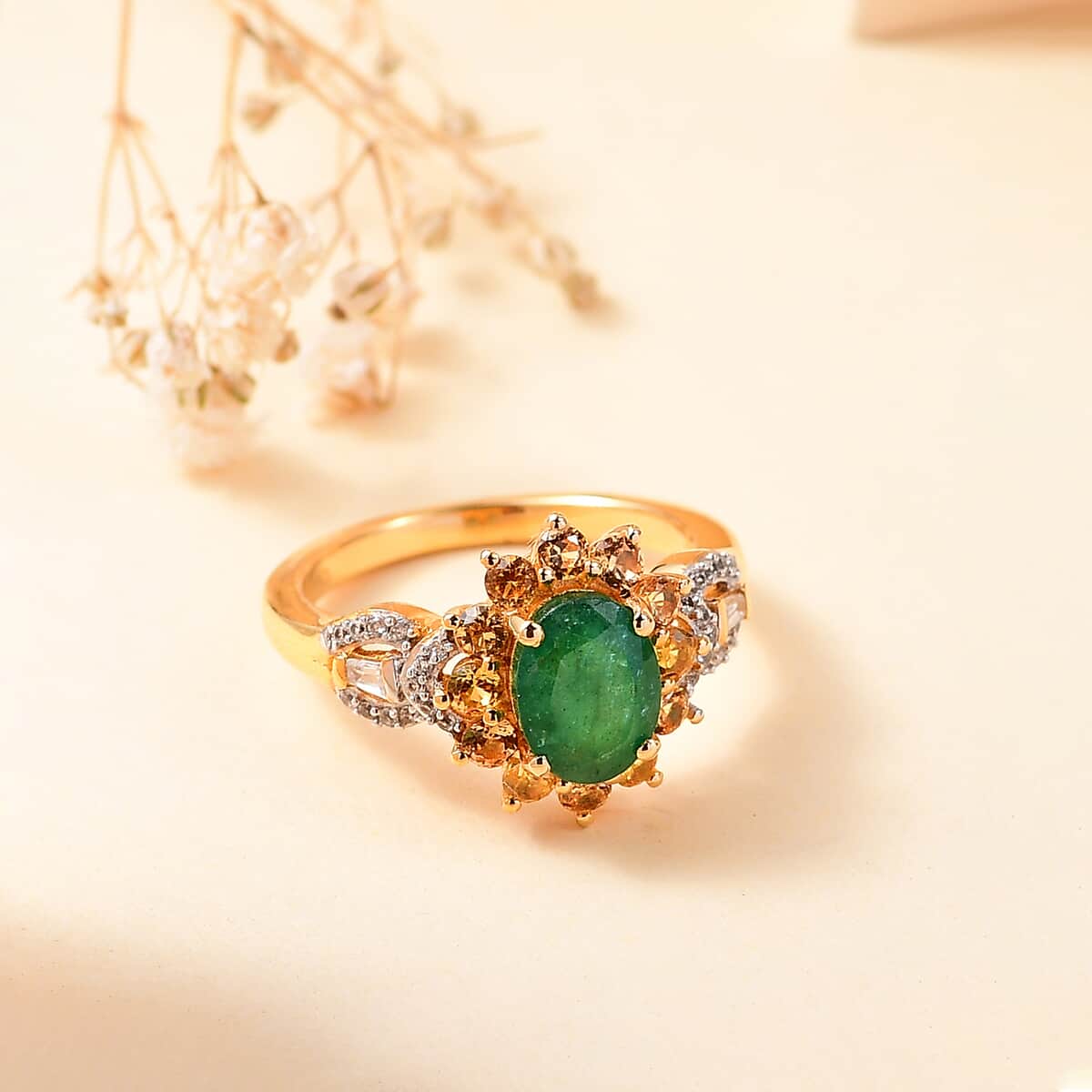 Kagem Zambian Emerald and Multi Gemstone 2.10 ctw Chandelier Tree Ring in 18K Vermeil Yellow Gold Over Sterling Silver (Size 6.0) image number 1