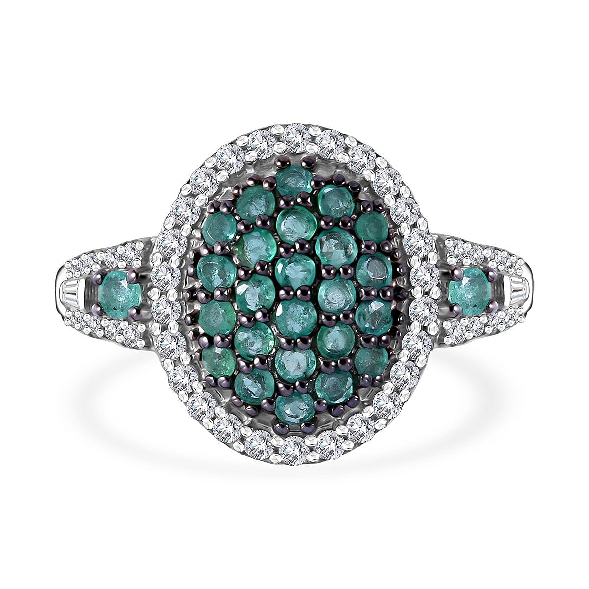 Kagem Zambian Emerald and Moissanite Cluster Ring in Rhodium Over Sterling Silver (Size 10.0) 1.00 ctw image number 0