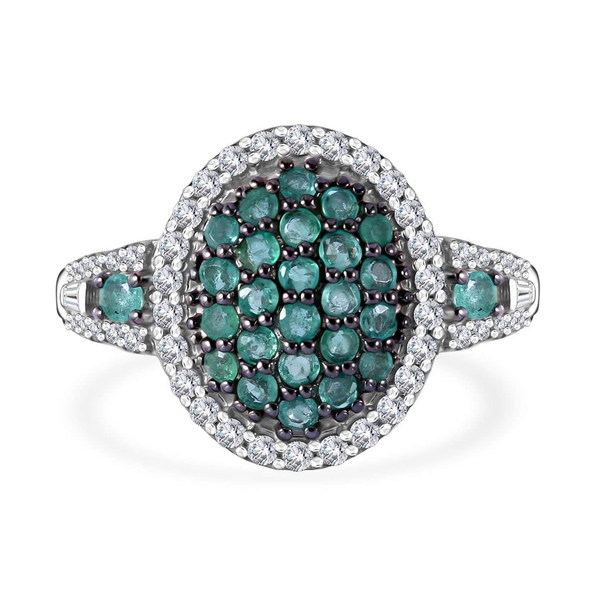 Kagem Zambian Emerald and Moissanite Cluster Ring in Rhodium Over Sterling Silver (Size 7.0) 1.00 ctw image number 0