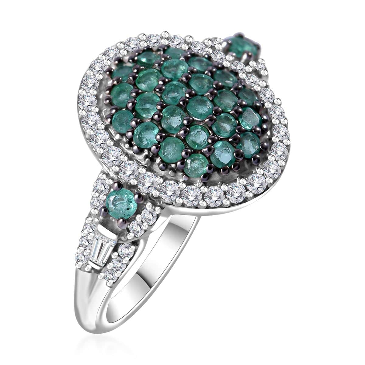 Kagem Zambian Emerald and Moissanite Cluster Ring in Rhodium Over Sterling Silver (Size 7.0) 1.00 ctw image number 2