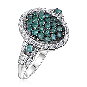 Kagem Zambian Emerald and Moissanite Cluster Ring in Rhodium Over Sterling Silver (Size 7.0) 1.00 ctw