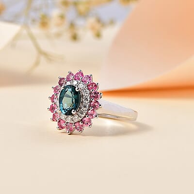 Premium Monte Belo Indicolite and Multi Gemstone 1.85 ctw Sunburst Ring in Rhodium Over Sterling Silver (Size 10.0)